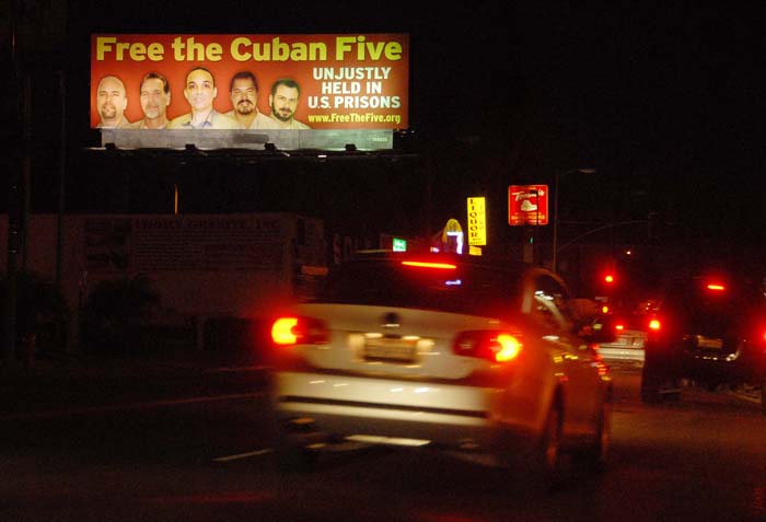 February 2008 - Billboard on Hollywood Blvd. in Los Angeles calling for the freedom of the Cuban 5   