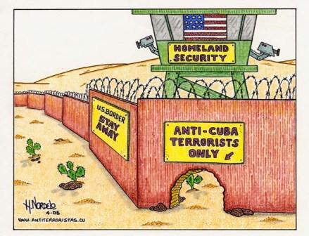 2005 - Cartoon by Gerardo Hernandez, drawing attention to the hypocrisy of U.S. immigration policy. This came out soon after admitted terrorist Luis Posada Carriles was snuck into the U.S. 