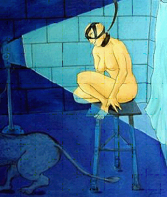 YOUNG PAINTER ROCIO GARCIA PARTICIPATES IN THE EXPOSITION WITH TWO WORKS OF A SADOMASOCHISTIC THEME. THIS ONE, LA MODELO (THE MODEL), IS OIL ON CANVAS 160X200 CM. 2002.