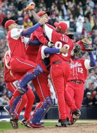 Cuban team celebrating a big win in the first World Baseball Classic