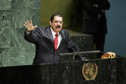 Honduran President Manuel Zelaya states his case at the UN where he received unanimous support for his return to office. UN Photo by Jenny Rockett