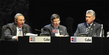 Cuban President Raul Castro, Foreign Minister Bruno Rodriguez and VP Miguel Diaz-Canel at the CELAC Summit in Santiago de Chile.