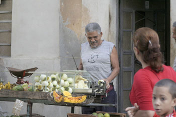 Havana street vendor selling oranges and squash.