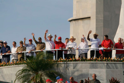 Cuba's top leaders watch Thursday's May Day Parade from the Jose Martí Memorial in Havana.