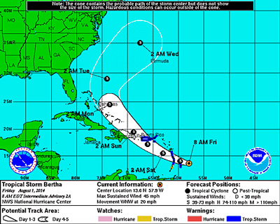 NHC Projection Cone for TS Bertha at 8:00 EDT on Friday.