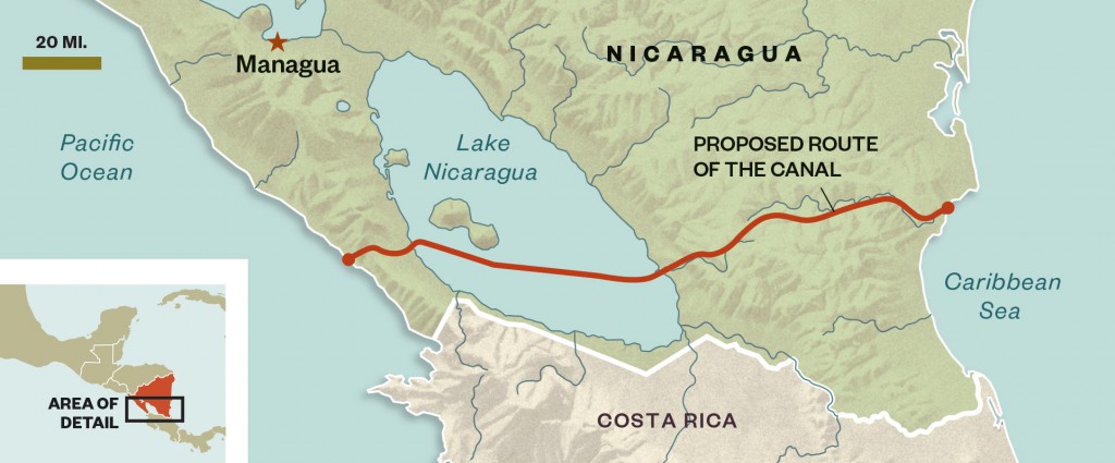 Nicaragua and the proposed canal route.