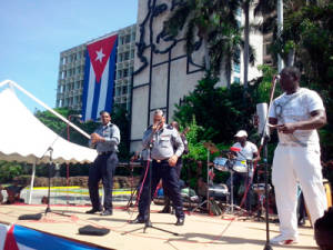 Police singing and dancing at the UJC Congress related event in the Plaza of the Revolution.