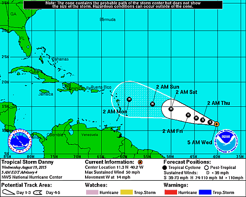 Tropical Storm Danny at 5:00 a.m. EDT on Wednesday.  Projection chart: National Hurricane Center