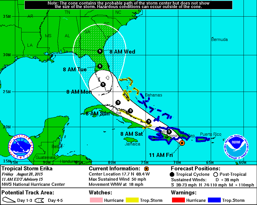 Tropical Storm Erika at 11:00 a.m. on Friday, 28-8.  Graphic: NHC