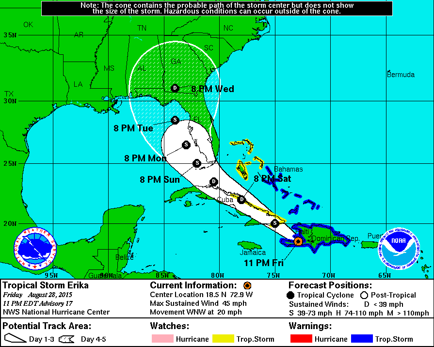 Tropical Storm Erika at 11:00 pm (EDT) on Friday August 28. Graphic: National Hurricane Center