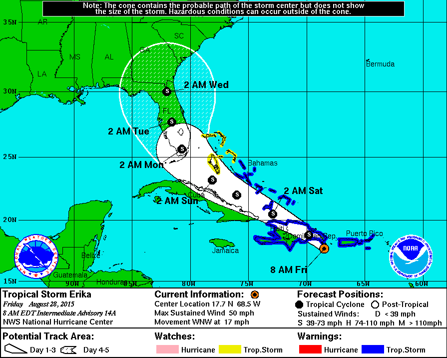 The projection cone for TS Erika at 6:00 a.m. on Friday.  Graphic: NHC