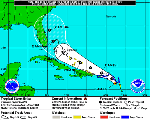 Projected path of TS  Erika at 8:00 a.m. on Thursday. Graphic: NHC