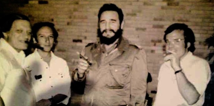 From left: Frank Mankiewicz, Saul Landau, Fidel Castro and Kirby Jones meeting in Havana in 1975