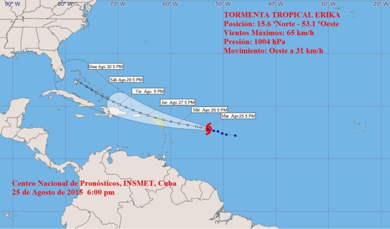 The Cuban weather service's projection cone for tropical storm Erika.