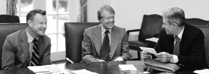 Jimmy Carter flanked by his National Security Adviser, Zbigniew Brzezinski, left, and Secretary of State Cyrus Vance.