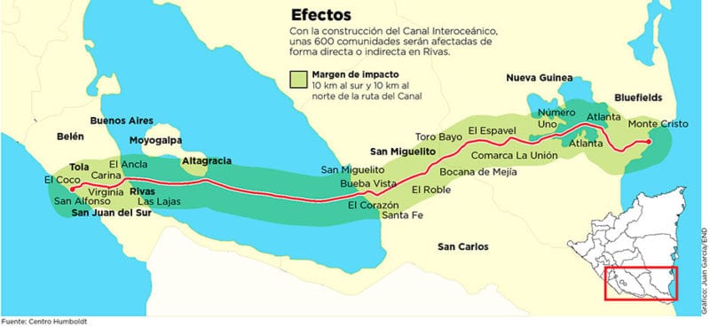 The canal impact area includes over 600 communities in Rivas alone. Map: otromundoesposible.net