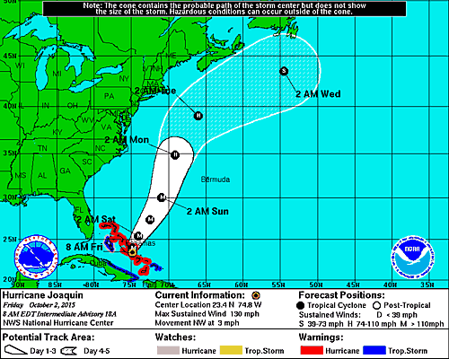 The projected path of Hurricane Joaquin at 8:00 a.m. EST from the National Hurricane Center in Miami.