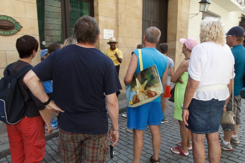 Tourists waiting to go into the Chocolate Museum in Old Havana. Photo: Juan Suarez