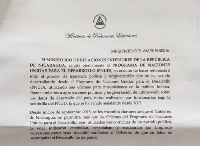 Extract of the letter sent by the Nicaraguan government to the UN Development Programme