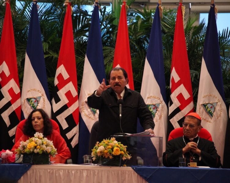 First lady, Rosario Murillo, Daniel Ortega and Miguel Obando y Bravo. File Photo: Confidencial.