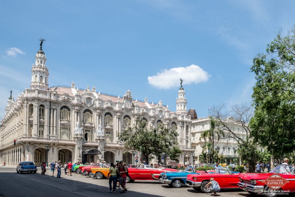 Vintage US cars in front of the Havana Grand Theater (Michelle Stancil)
