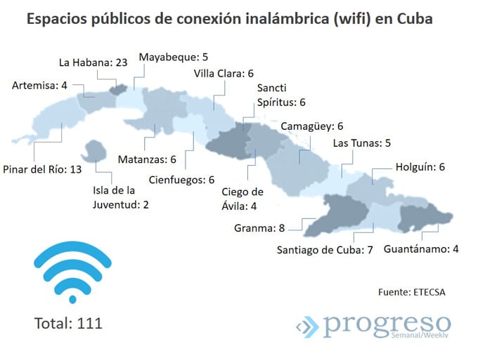 Map of Cuba's public, pay-for Wi-Fi hotspots.