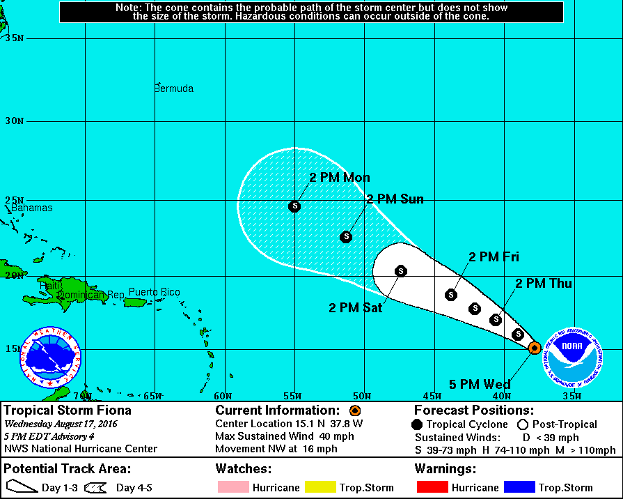 The projected path of tropical storm Fiona. 