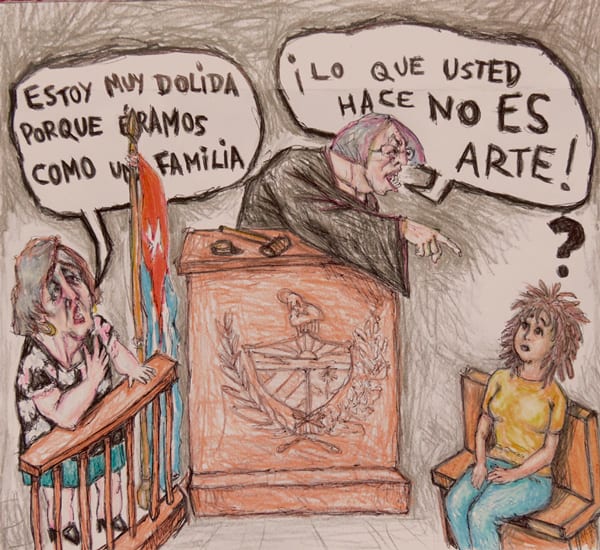 The labor board hearing. “I’m very pained because we were like a family.” “What you do is not art”. Illustration by Carlos