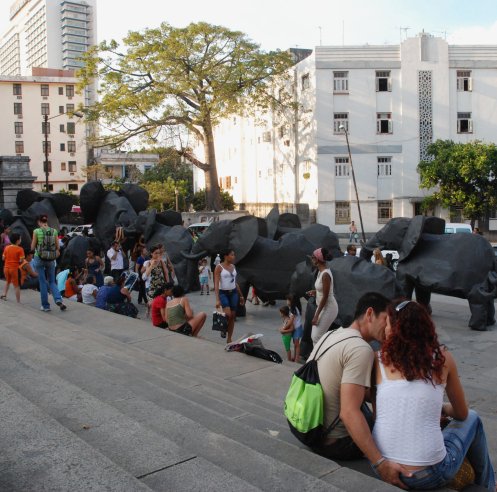 Inflatable metal elephant herd by artist Jose Emilio Fuentes