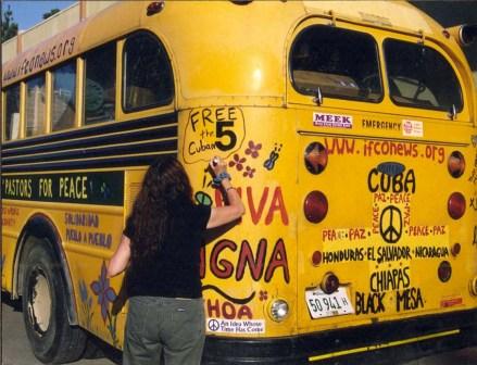 July 2003 - Pastors for Peace bus is prepared for crossing the border on its way to Cuba in defiance of the U.S. blockade