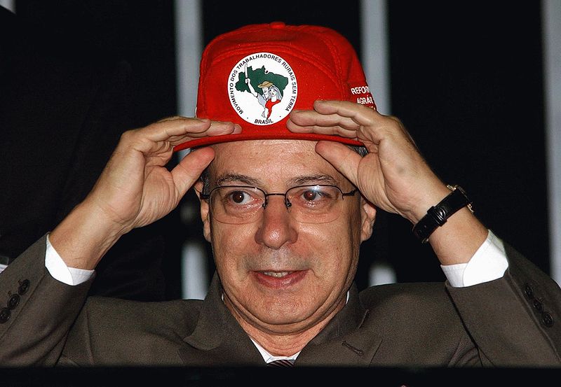 Frei Betto with a Brazilian MST Landless Workers Cap.  Photo: Wikipedia Commons
