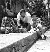 Ernest Hemingway with sons Patrick and Gregory with kittens in Finca Vigia, Cuba in late 1942 or early 1943. Photo: JFK Library