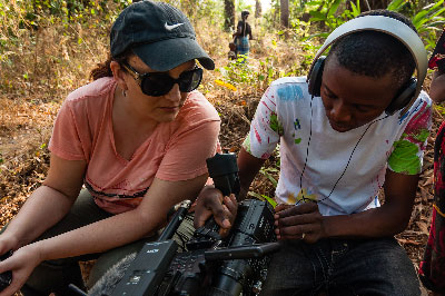 Emma and Barmmy going over details before filming.  Mokpangumba, February 2013.