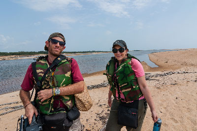 Sergio and Emma in the sand Banks at the mouth of the Moa river, in route to Gallinas.  Sulima, February 2013.