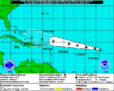 TS Dorian at 5:00 p.m. Thursday (ET). Image: NHC