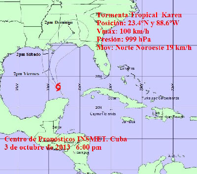 The projected path of Tropical Storm Karen