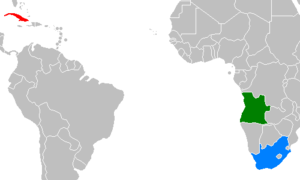 Location of Cuba (red), Angola (green), and South Africa (blue)