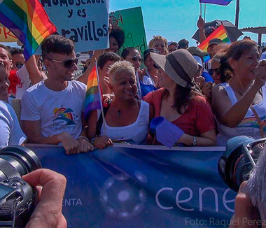 Adela at a gay pride parade in Cuba next to Mariela Castro, daughter of Cuba’s president and head of the country’s Sexual Education Center (CENESEX)