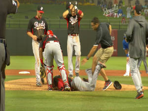 Aroldis Chapman on the ground after being hit by a line drive.  Photo: Royals TV