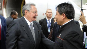 Raul Castro was met at the airport on Friday by Bolivian FM David Choquehuanca.