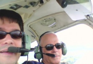 Flying with Rafael del Pino (right) near London, 2007.