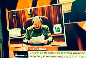 Cuban president Raul Castro makes his surprise announcemnt on the results of 18 months of secret negotiations with the Obama administration.
