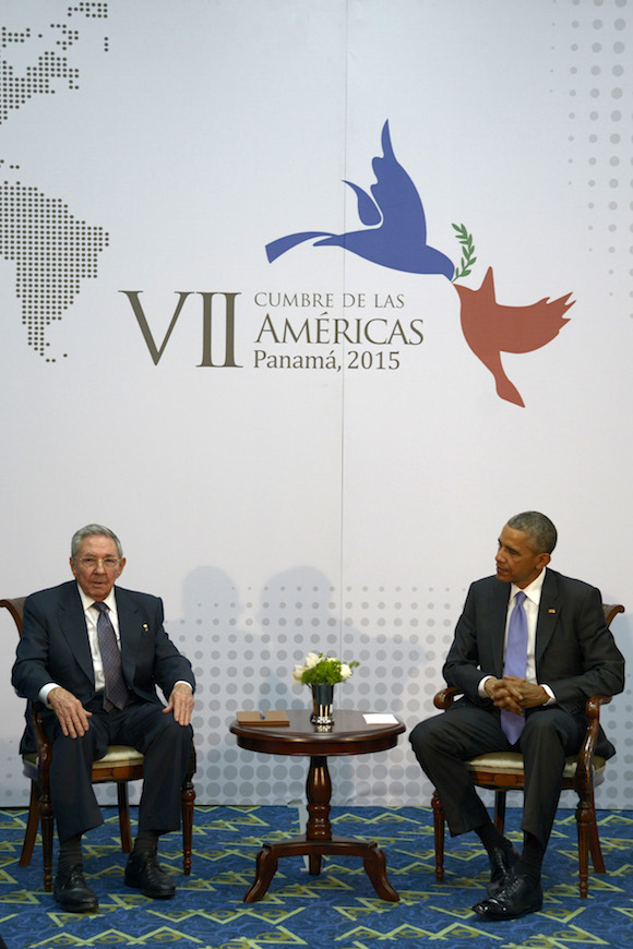 Presidents Raul Castro and Barack Obama meeting at the  Summit of the Americas.