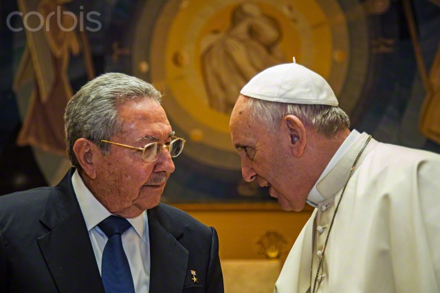 10 May 2015, Rome, Italy --- President of Cuba Raul Castro thanked Pope Francis for mediation role with US, during a private audience at the Vatican.The first South American pope played a key role in secret negotiations between the United States and Cuba that led to the surprise announcement in December that they would seek to restore diplomatic ties after more than 50 years of tensions.The Holy See has said the Argentine pope personally mediated between the two sides, and the Vatican hosted delegations from the two countries in October. Pope Francis will visit Cuba next in September.Photo by Vatican Pool. --- Image by © Vatican Pool/Corbis