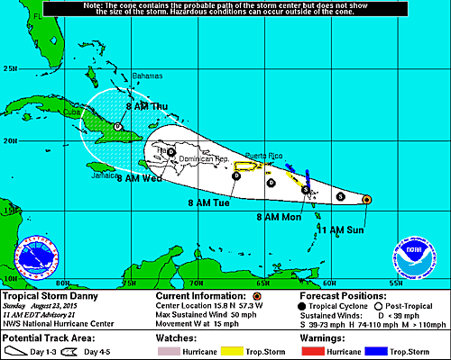 Tropical Storm  Danny at 11:00 a.m. on Sunday August 23.  ilustration: NHC