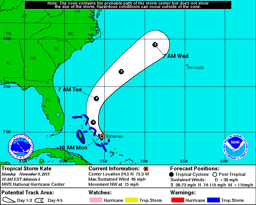 Projecte path of Tropical Storm Kate at 10:00 a.m. on Monday from the NHC.