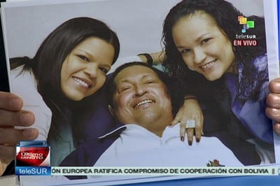 Hugo Chavez with his daughters during the last days of his fight for life. Photo: telesurtv.net