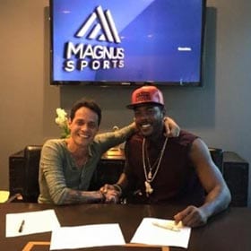 Singer/entrepreneur Marc Anthony with Aroldis Chapman after signing a representation agreement in November.