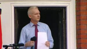 File photo of Julian Assange from the balcony of the Ecuadorian embassy in London.