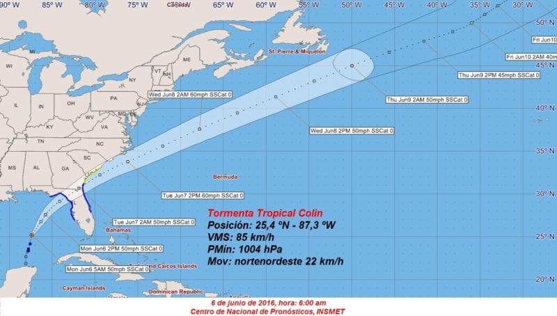 The Cuban Weather Service (INSMET) cone projection for tropical storm Colin at 6:00 a.m. local time on Monday.